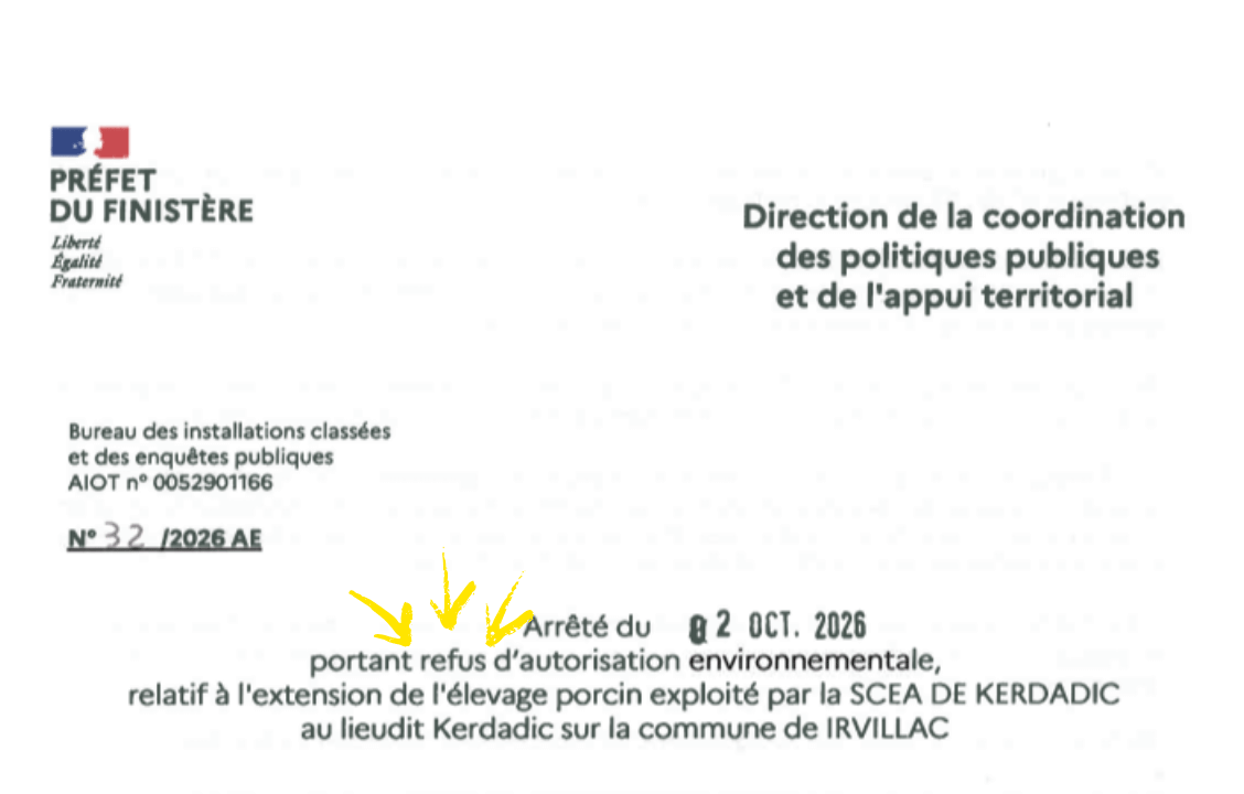 [victoire] Refus d’extension d’élevage porcin, Kerdadic à Irvillac