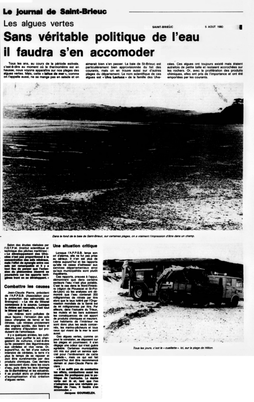 sans véritable politique de l'eau, il faudra s'accomoder des algues vertes article Ouest France Saint Brieuc 5 août 1980.png